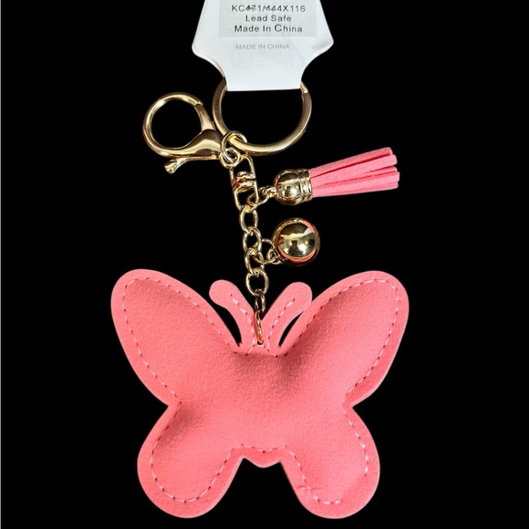 Puffy Pink Rhinestone Butterfly Bag Charm Key Chain (A451) - Picture 3 of 3